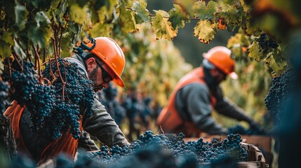Workers harvesting ripe grapes for winemaking in lush vineyard