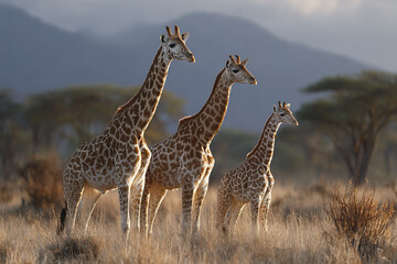 Fototapeta premium Giraffe family standing together in dry grassland with mountain background during golden hour, peaceful wildlife scene in natural habitat with warm sunlight and soft focus trees