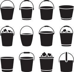 A collection of ice bucket silhouette icon set. simple design black color and white background.