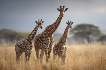 Obraz premium Giraffe family standing in tall dry grass with blurred trees in background, peaceful wildlife scene in natural habitat under soft light
