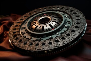 Brand new car clutch disc is displayed on a soft material, highlighting its intricate details and overall craftsmanship
