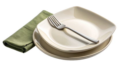 Two stacked plates, a fork, and folded green napkin on a transparent background