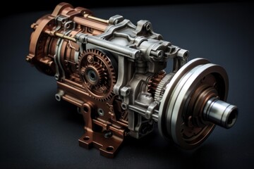 Fototapeta premium Intricate engine showcasing advanced mechanics, highlighting gears, pistons, and industrial design on a dark background
