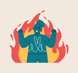 Motivated girl with fiery aura. Colorful vector illustration