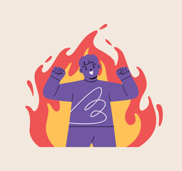 Motivated boy with fiery aura. Colorful vector illustration