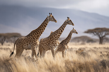 Obraz premium Giraffe family walking in dry grassland with blurred trees and mountain background, peaceful wildlife scene in natural habitat with warm light and soft focus