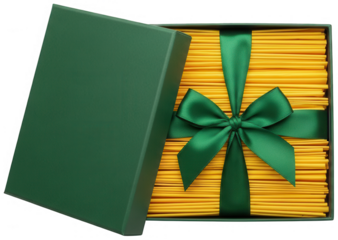 Open green gift box revealing yellow contents tied with matching green satin ribbon isolated on checkered background