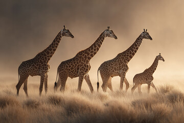 Obraz premium Giraffe family walking in tall dry grass during golden hour with warm light and soft background creating peaceful wildlife safari scene