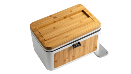 Overhead view of a rectangular trash can with bamboo wood lid and side panels