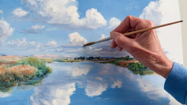 Elderly artist paints serene river landscape with clouds and reflections capturing creative hobby relaxation and peaceful nature scene