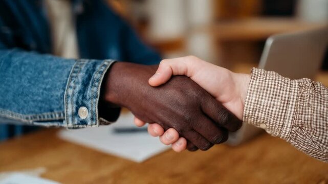 Close view of handshake between two business partners sealing successful deal trust and diverse professional collaboration in modern office - Powered by Adobe