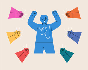 Boy happy with applause review and appreciation. Colorful vector illustration