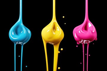 Streams of magenta, yellow and cyan ink are dripping and forming a bulb against a black background