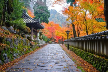 A serene path lined with vibrant autumn foliage, flanked by traditional Japanese architecture and lush greenery, leading to a tranquil temple nestled amidst the trees.