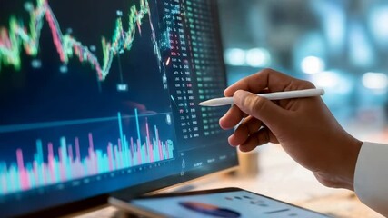 Hand with pen points at glowing financial chart on monitor representing stock market analysis trading investment strategy and modern business finance - Powered by Adobe