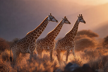 Obraz premium Three giraffe standing in dry grassland during golden hour with warm sunlight creating peaceful and majestic wildlife scene in natural habitat