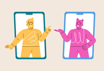 Friends chatting online via smartphones. Boy, girl on phone screen. Colorful vector illustration