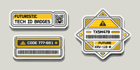 Obraz premium Futuristic tech id badges with barcodes and warning symbols displayed