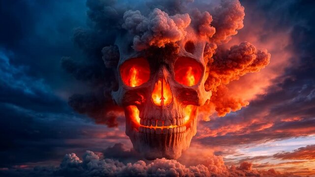 Fiery skull shaped cloud erupts in dramatic sky over landscape symbolizing danger apocalypse and powerful natural forces