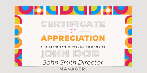 Colorful certificate of appreciation design featuring a bright playful border and text