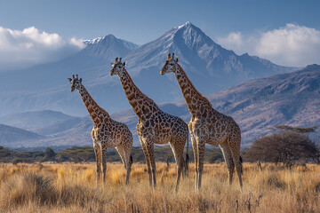 Fototapeta premium Giraffe group in safari landscape with blue sky and mountain, tall wild animals standing on dry grassland under bright daylight with peaceful natural scenery