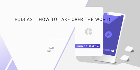 Podcast advertisement featuring a smartphone with a play button and world map