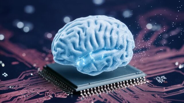 Blue brain model sits on computer chip illustrating artificial intelligence neuroscience and advanced digital computing technology