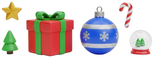 Diverse collection of three dimensional christmas holiday decorations and winter icons isolated on transparent background