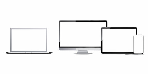 A collection of modern digital devices including a laptop monitor tablet and phone