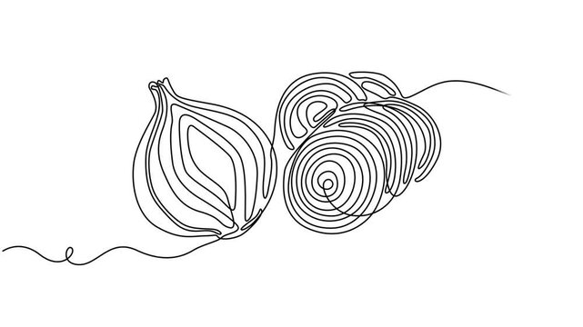 self drawing animated fresh red onion rings are carefully arranged in a stack continuous one line drawing. Multiple fresh one onion rings are carefully arranged in a stack, isolated on a clean onion.