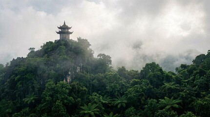 Misty temple on a lush green mountain with pagoda style architecture