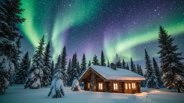 A cozy wooden cabin rests peacefully within a thick, snowy boreal forest as vibrant green and purple northern lights dance intensely across the dark night sky winter season, starry night, forest
