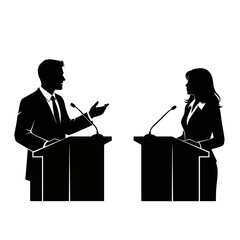 A political debate with a male and female candidate at podiums