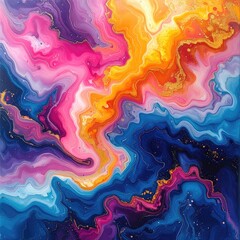 Abstract swirling, fluid colors. Gold veining. Square