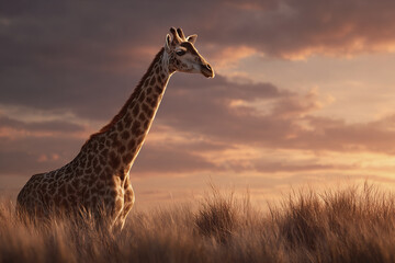 Obraz premium Giraffe standing in tall grassland during cinematic sunset with warm light and cloudy sky, evoking calm and natural beauty in open savannah landscape