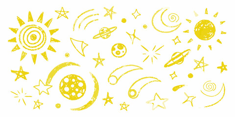 Whimsical yellow crayon drawing of stars planets moons and suns on white