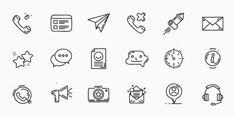 Collection of communication and technology related line icons in a grid arrangement