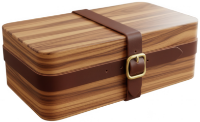 Polished wooden bento box style container with leather strap and golden buckle