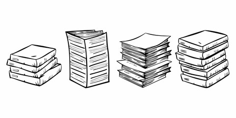 A sketch of several stacks of papers and books in varying heights