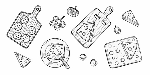 Sketch of cheese grapes and crackers arranged on wooden boards and plates