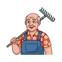 Happy senior farmer with a rake cheerfully gardening in casual attire