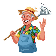 Smiling gardener with a rake cheerfully waving and enjoying outdoor work