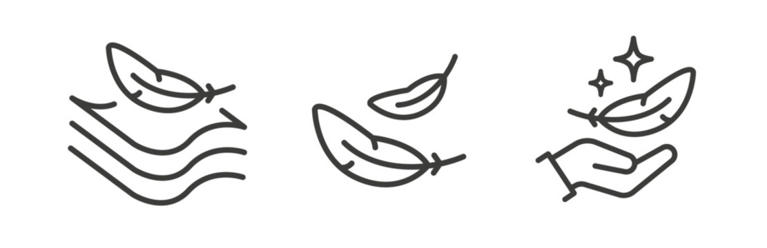 Lightweight icon set, feather on hand palm, light weight concept, soft touch surface, line art vector illustration