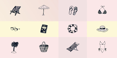 Summer essentials beach chair sunglasses swimwear and other vacation items