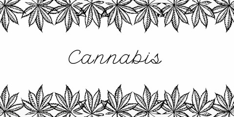Decorative cannabis leaf border with elegant script text on white background