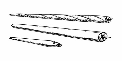 A sketch of hand rolled cigarettes in various stages of completion