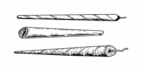 Sketch of three hand rolled cigarettes with detailed textures and varying perspectives