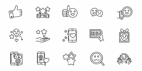 Collection of diverse black and white line art icons depicting emotions and media
