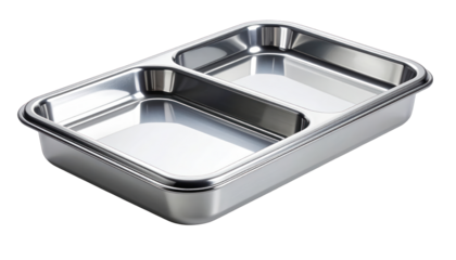 A shiny, divided metal tray with rounded corners sits on a dark background