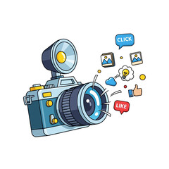 A colorful illustration of a camera with photography related icons floating around it